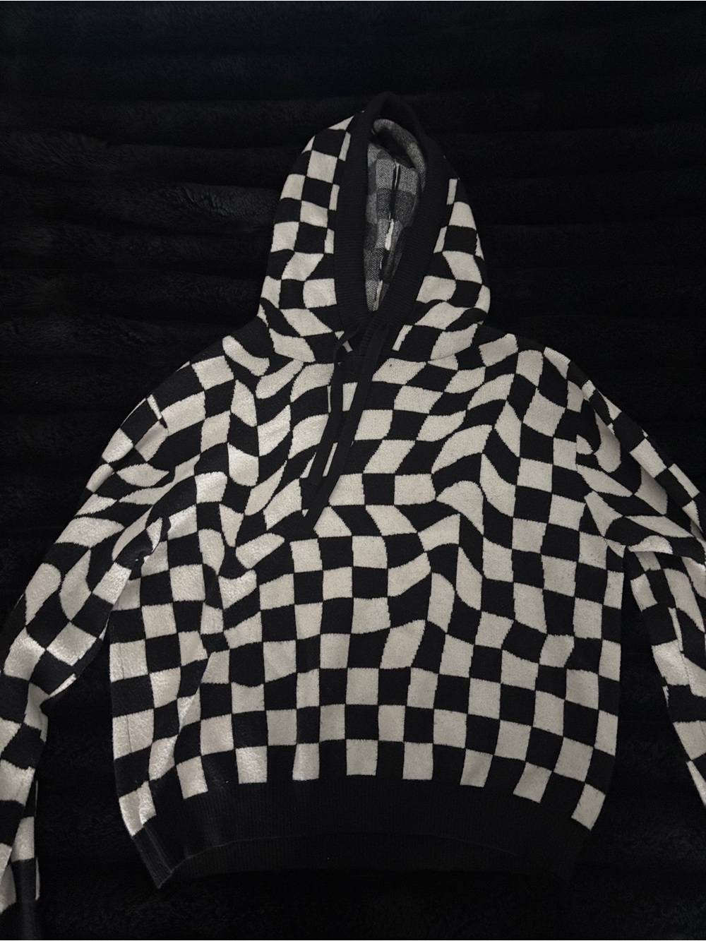 warped checkerboard knit hoodie black and white sweater size large